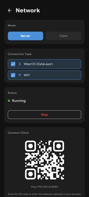 Экран «Network»: режим сервера, каналы WearOS (DataLayer) и Wi-Fi, QR-код для подключения клиента